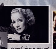 Black and white photos of Marlene, a white woman with thin eyebrows, wavy blonde hair and dark lips, taped to a scrap of paper