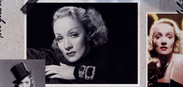 Black and white photos of Marlene, a white woman with thin eyebrows, wavy blonde hair and dark lips, taped to a scrap of paper