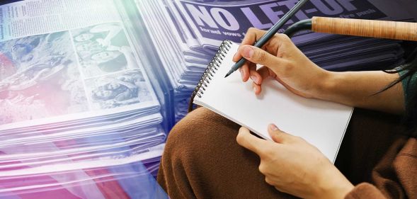 Collage of newspaper headlines and a person writing in a journal