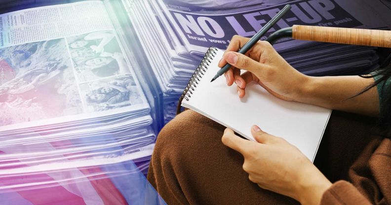 Collage of newspaper headlines and a person writing in a journal