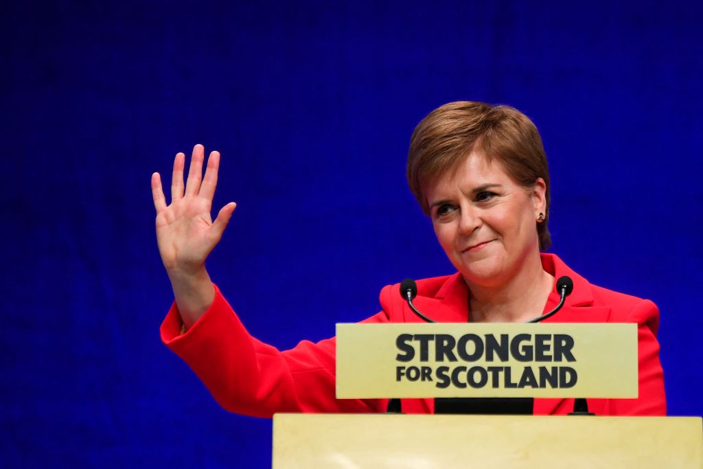 Nicola Sturgeon, gestures on stage as she delivers her speech to delegates at the annual SNP Conference in Aberdeen, Scotland, on October 10, 2022.