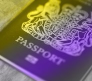 A British passport with the non-binary flag colours washing over it