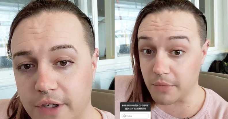 A screenshot from nv.gay's Instagram account showing two images of the trans woman after her experience at Orlando International Airport