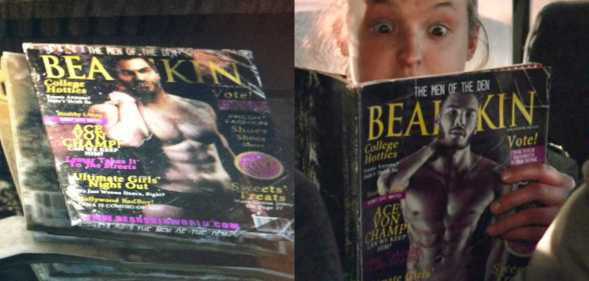 a side-by-side image showing on the left a screenshot from The Last of Us video game that shows a pile of gay porn magazines and on the right is another screenshot from the HBO series featuring actor Bella Ramsey as Ellie looking surprised as she looks at a copy of Bearskin magazine
