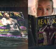 a side-by-side image showing on the left a screenshot from The Last of Us video game that shows a pile of gay porn magazines and on the right is another screenshot from the HBO series featuring actor Bella Ramsey as Ellie looking surprised as she looks at a copy of Bearskin magazine