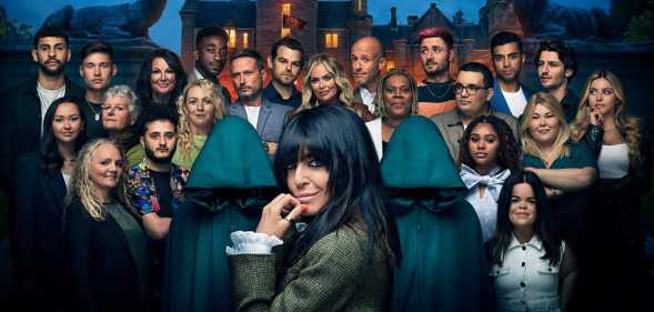 Claudia and the cast of the The Traitors standing outside of a castle