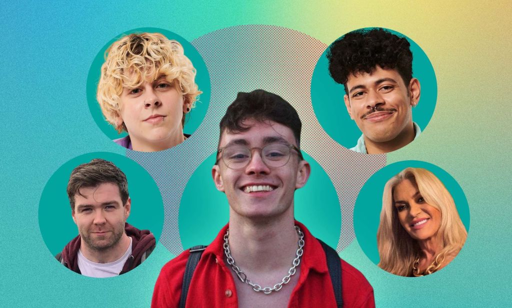 Five people are pictured for HIV Testing Week. In the centre is Dean O'Reilly wearing thick-rimmed glasses and a red shirt with a chain around his neck. On the left is Noah Finnce and Tomás Heneghan and on the right is Corry Will and Rebecca Tallon de Havilland.