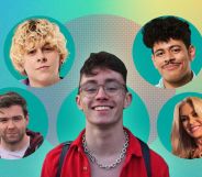 Five people are pictured for HIV Testing Week. In the centre is Dean O'Reilly wearing thick-rimmed glasses and a red shirt with a chain around his neck. On the left is Noah Finnce and Tomás Heneghan and on the right is Corry Will and Rebecca Tallon de Havilland.