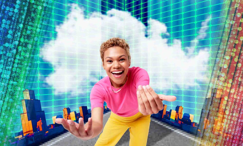 A female presenting person is wearing a pink top and yellow trousers and they are in front of a futuristic background.