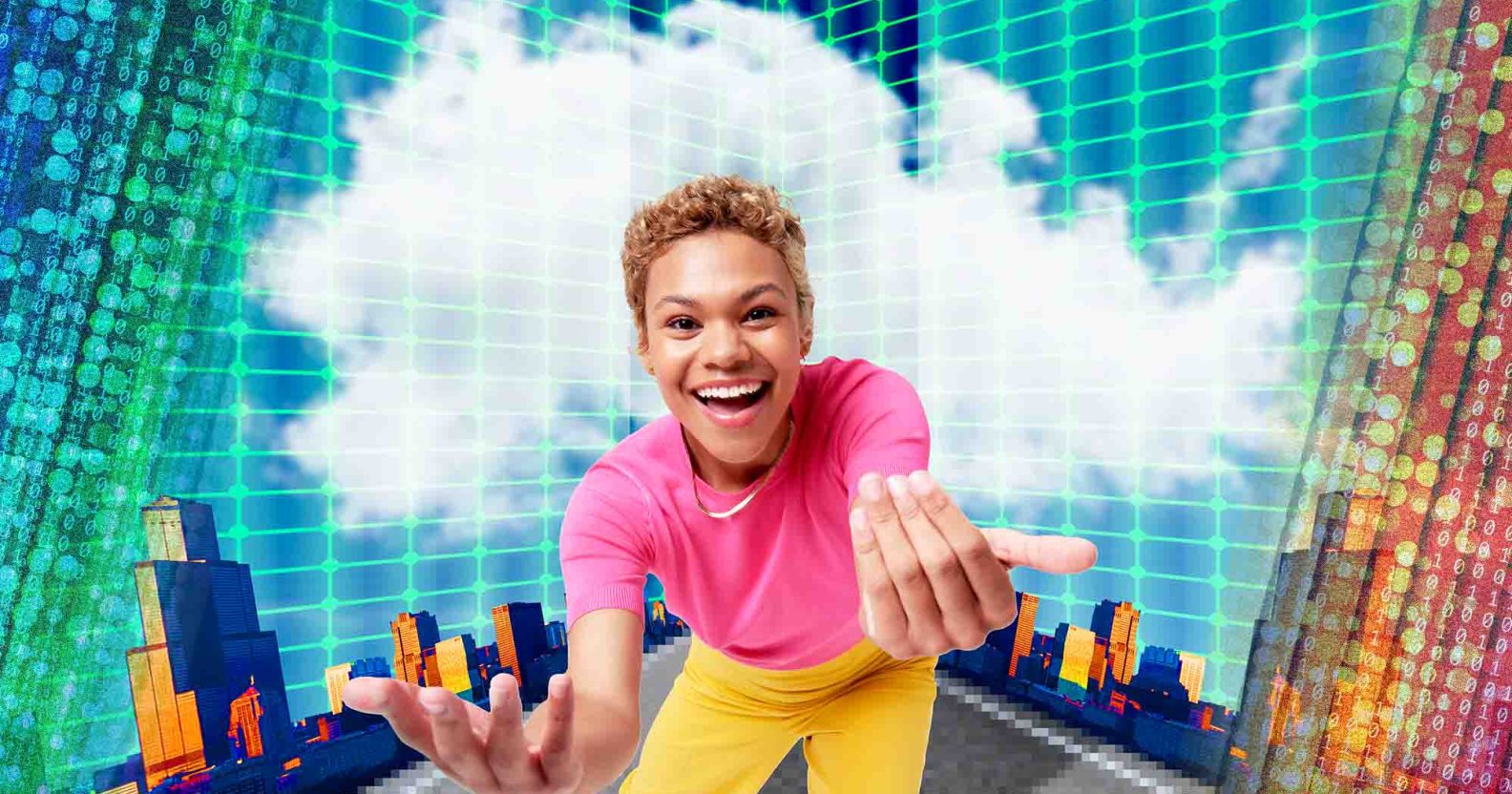 A female presenting person is wearing a pink top and yellow trousers and they are in front of a futuristic background.