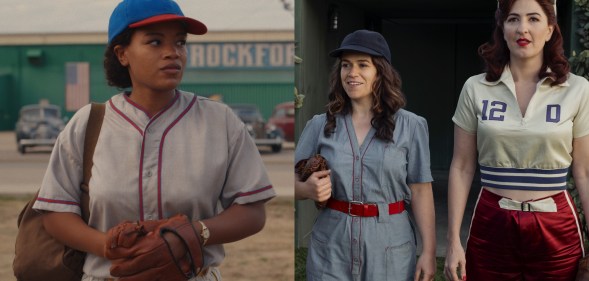Chanté Adams as Max Chapman (L) and Abbi Jacobson and D'Arcy Carden as Carson and Greta (R) as A League of Their Own season two gets a controversial renewal.