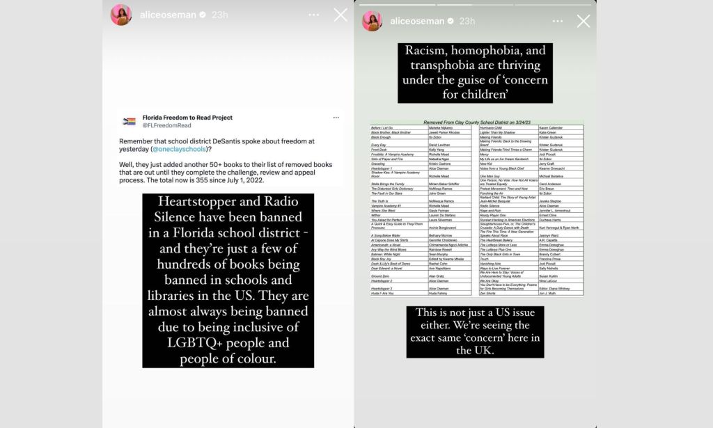 Alice Oseman responds on Instagram to Heartstopper being banned by a Florida school district.