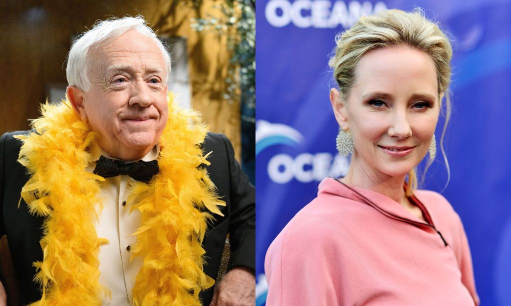 Leslie Jordan wearing a black suit, black bow tie and yelloe feather boa. Anne Heche wearing a pink shirt an dstanding against a blue background.