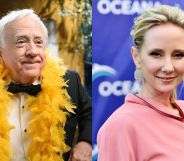 Leslie Jordan wearing a black suit, black bow tie and yelloe feather boa. Anne Heche wearing a pink shirt an dstanding against a blue background.