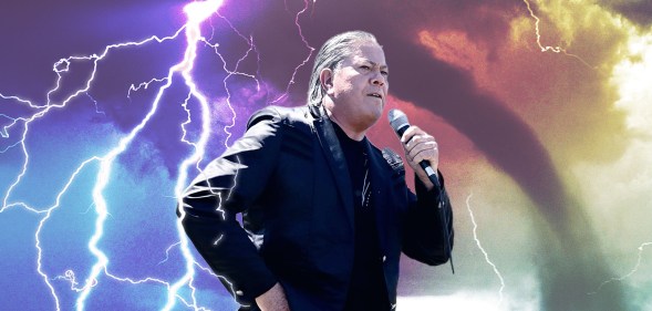 New Zealand church leader Brian Tamaki stands in front of a stormy background