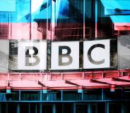 The BBC logo with the trans flag colours