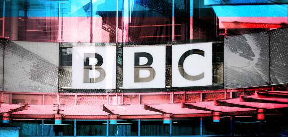 The BBC logo with the trans flag colours