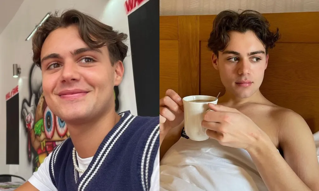Heartstopper actor Bradley Riches, who plays James McEwan, smiling (left) and drinking from a mug in bed (right).