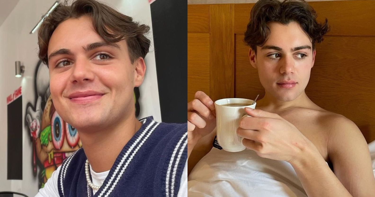Heartstopper actor Bradley Riches, who plays James McEwan, smiles (left) and sips from a mug in bed (right).