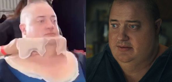 Brendan Fraser (left) being put into a prosthetic 'fat suit', and in a still from The Whale (right)