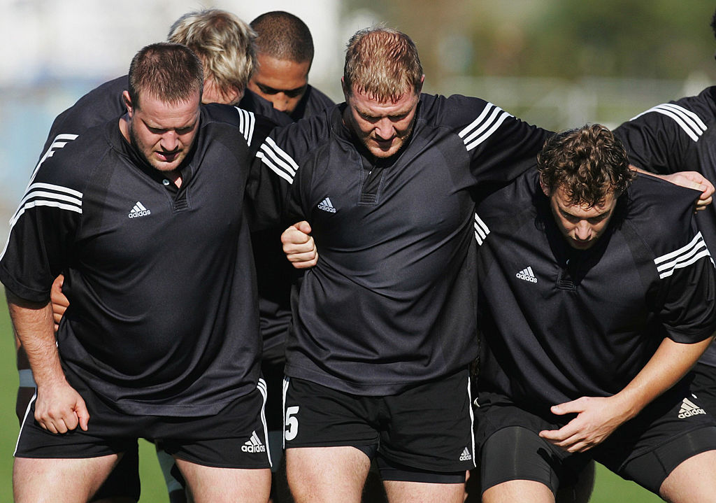 Campbell Johnstone (L), Derren Witcombe and Wyatt Crockett (R) pack down in the scrum during a Junior All Blacks training session in 2007. 