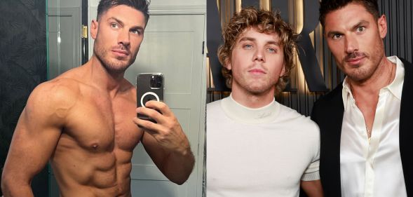 Celebrity hairstylist takes a shirtless picture in the mirror (left) and pictured with partner Lukas Gage, star of The White Lotus and You (right)