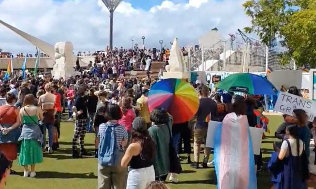 People in Wellington gather in support of trans rights.