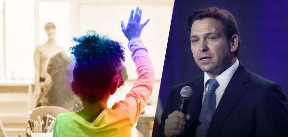 Collage of DeSantis and a child raising their hands bathed in rainbow light