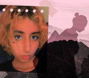 Collage showing a photo of Eden Knight and a pink landscape