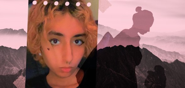 Collage showing a photo of Eden Knight and a pink landscape