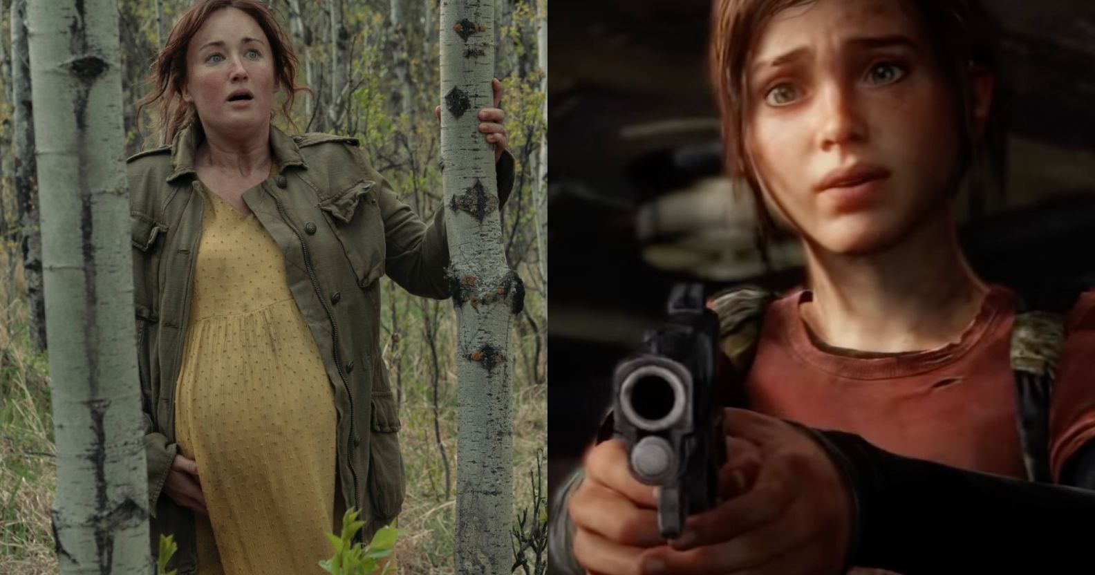 Ashley Johnson as Ellie's mother in The Last of Us and a still from The Last of Us video game showing Ellie with a gun.