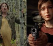 Ashley Johnson as Ellie's mum in The Last of Us and a still from The Last of Us video game featuring Ellie with a gun.