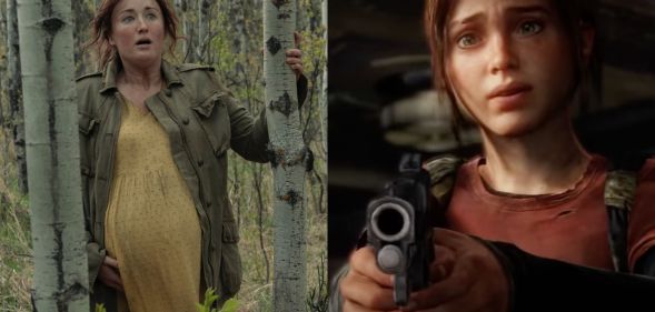 Ashley Johnson as Ellie's mum in The Last of Us and a still from The Last of Us video game featuring Ellie with a gun.