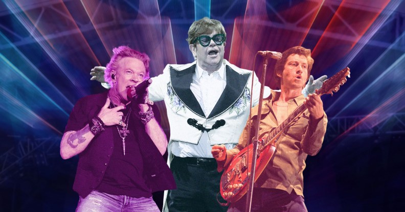 Collage of Elton, Alex Turner from the Arctic Monkeys and Axl Rose from Guns N Roses