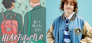 On the left, the cover of graphic novel Heartstopper volume 1. On the right, Alice Oseman wearing a blue jacket.