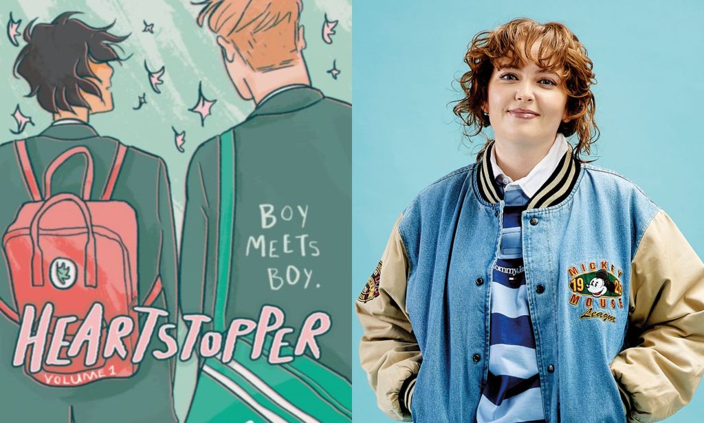 On the left, the cover of graphic novel Heartstopper volume 1. On the right, Alice Oseman wearing a blue jacket.