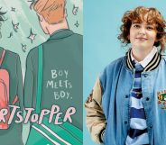 On the left, the cover of graphic novel Heartstopper volume 1. On the right, Alice Oseman wearing a blue jacket.