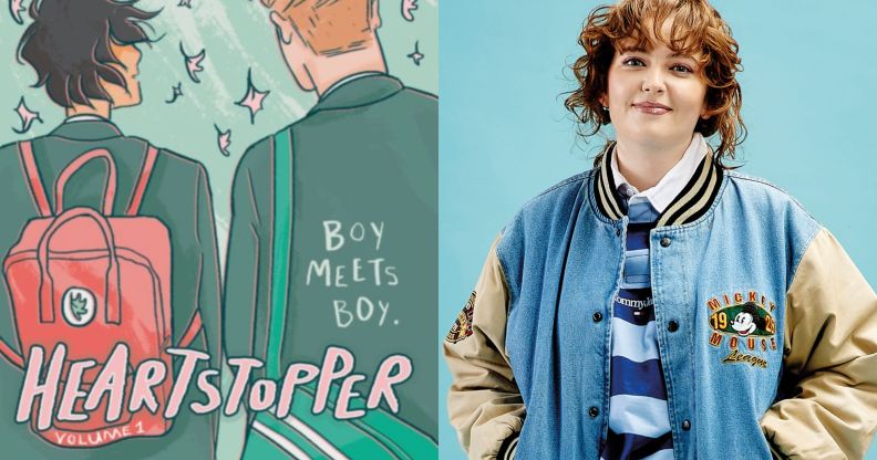 On the left, the cover of graphic novel Heartstopper volume 1. On the right, Alice Oseman wearing a blue jacket.