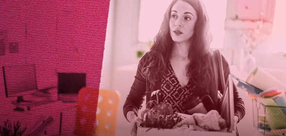 A woman is carrying a box of personal belongings. She is looking off to the side and is a bit dejected. There is a creative white and red overlay over the top.