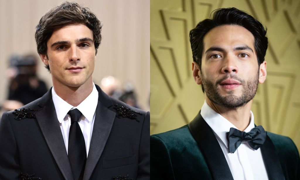 Side by side images of Jacob Elordi wearing a black suit and tie and Diego Calva wearing a black suit and bow tie