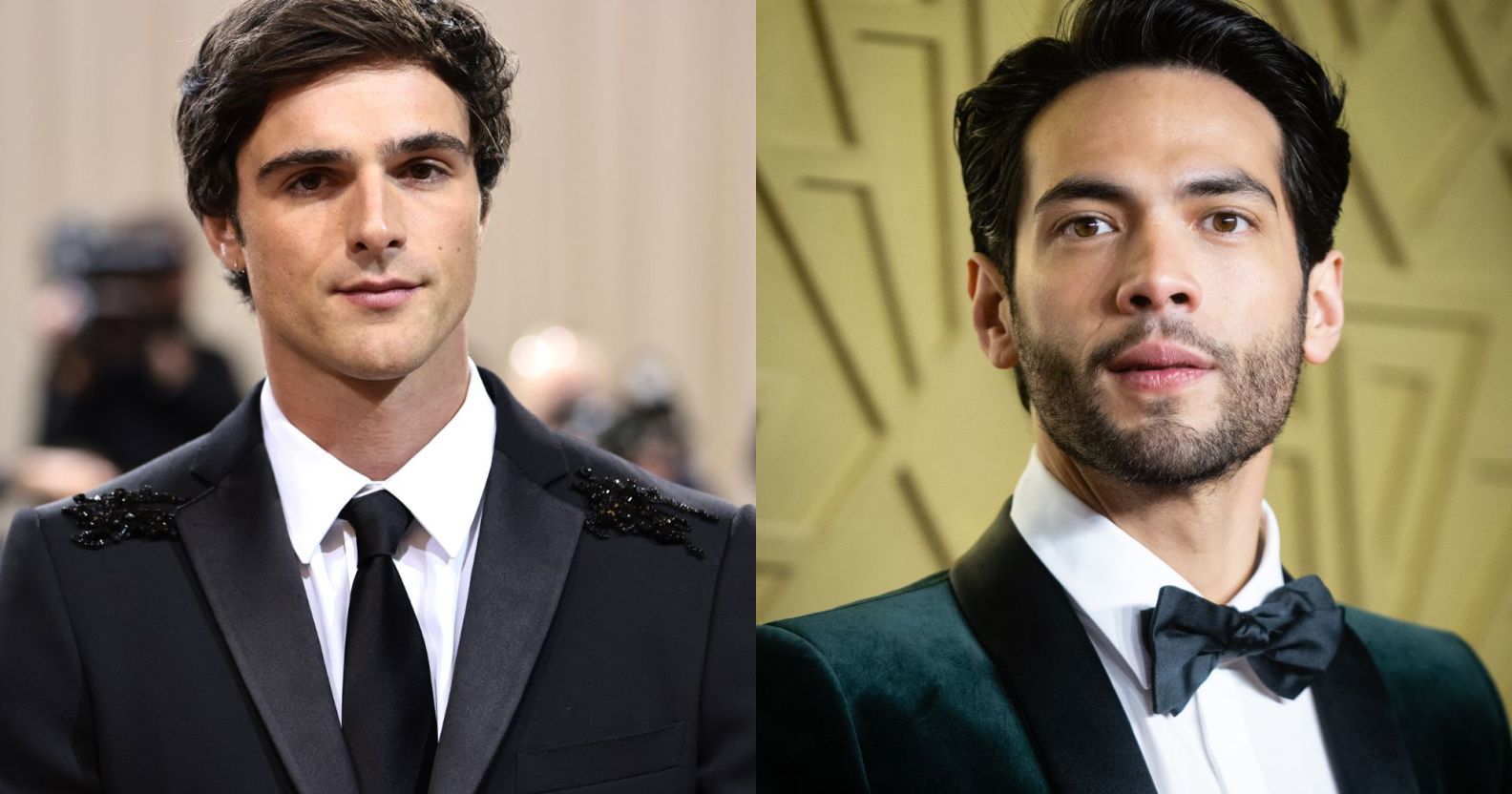 Side by side images of Jacob Elordi wearing a black suit and tie and Diego Calva wearing a black suit and bow tie