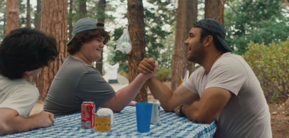 Jamie (L) and Dan (R) arm wrestling in coming of age film Big boys.