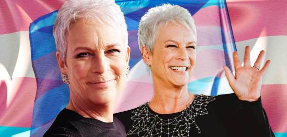 Two images of Jamie Lee Curtis smiling to the backdrop of the trans flag as the ultimate trans ally.