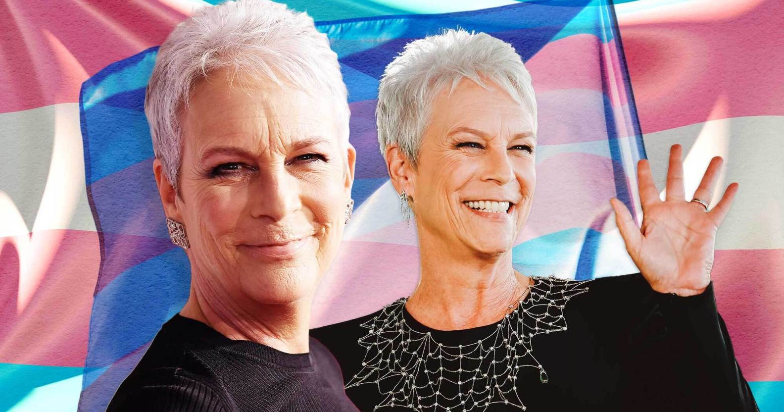 Two images of Jamie Lee Curtis smiling to the backdrop of the trans flag as the ultimate trans ally.