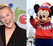 On the left, JoJo Siwa wears a black suit and smiles open mouthed at the camera. On the right, Mickey Mouse waves, wearing a red jumper and red and pink hat.