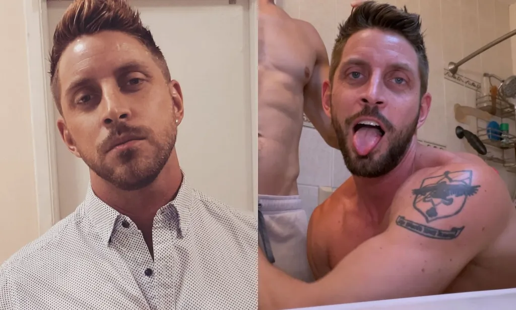 Joel Michael Anderson pictured on the left in a headshot. On the right is a still image from his film DOXY which shows him with his tongue out and his shirt off kneeling beside a shirtless man.