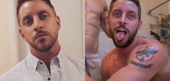 Joel Michael Anderson pictured on the left in a headshot. On the right is a still image from his film DOXY which shows him with his tongue out and his shirt off kneeling beside a shirtless man.