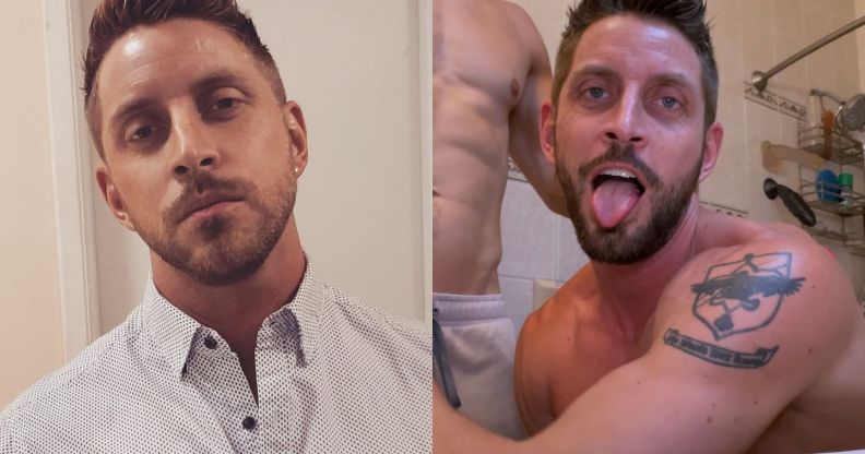 Joel Michael Anderson pictured on the left in a headshot. On the right is a still image from his film DOXY which shows him with his tongue out and his shirt off kneeling beside a shirtless man.