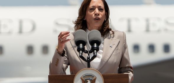 Kamala Harris speaking during her trip to Ghana.