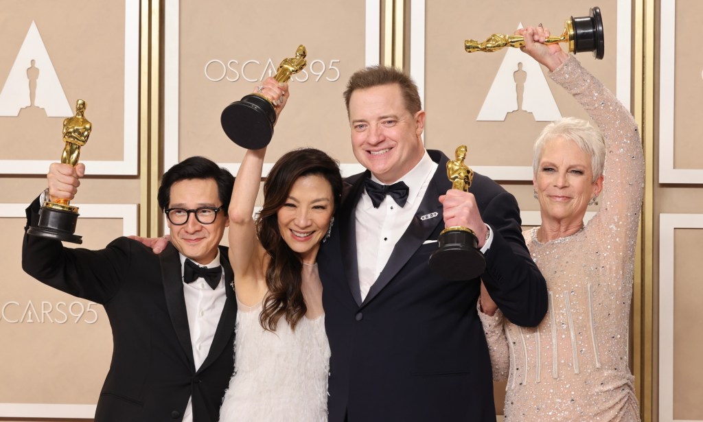 Ke Huy Quan (L), Michelle Yeoh, Brendan Fraser, Jamie Lee Curtis. 